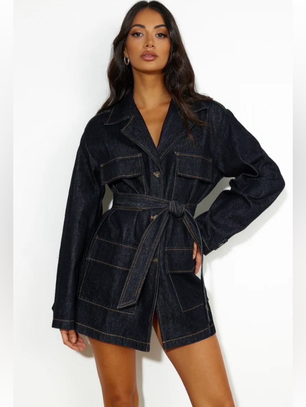 Lioness Giselle Dark Wash Denim Utility Blazer Dress Jacket Small